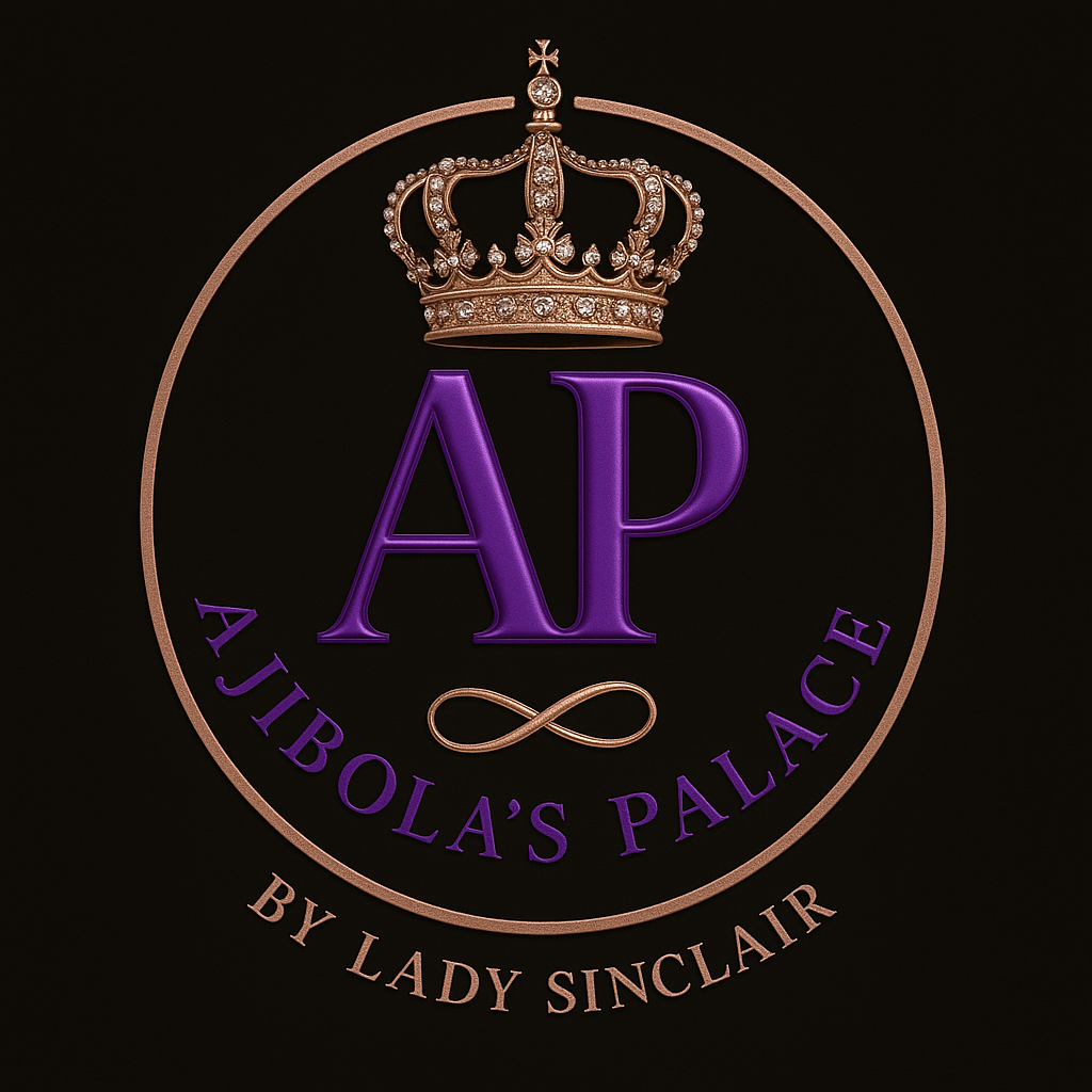Logo of Ajibola's Palace featuring a crown and the letters AP in purple, with the full name and creator's name in elegant font.